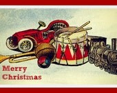 Christmas Photograph Card Toys under the Christmas Tree Drum Train Car Trumpet