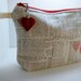 Black Hand Stamped Muslin Newsprint Heart Cosmetic Travel Makeup Bag