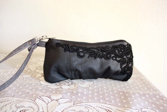 Elsa Bagette style wristlet/ pouch/ makeup bag in Upcycled Leather & Lace- Ready to Ship--Save 10% w/ Code SAVE10