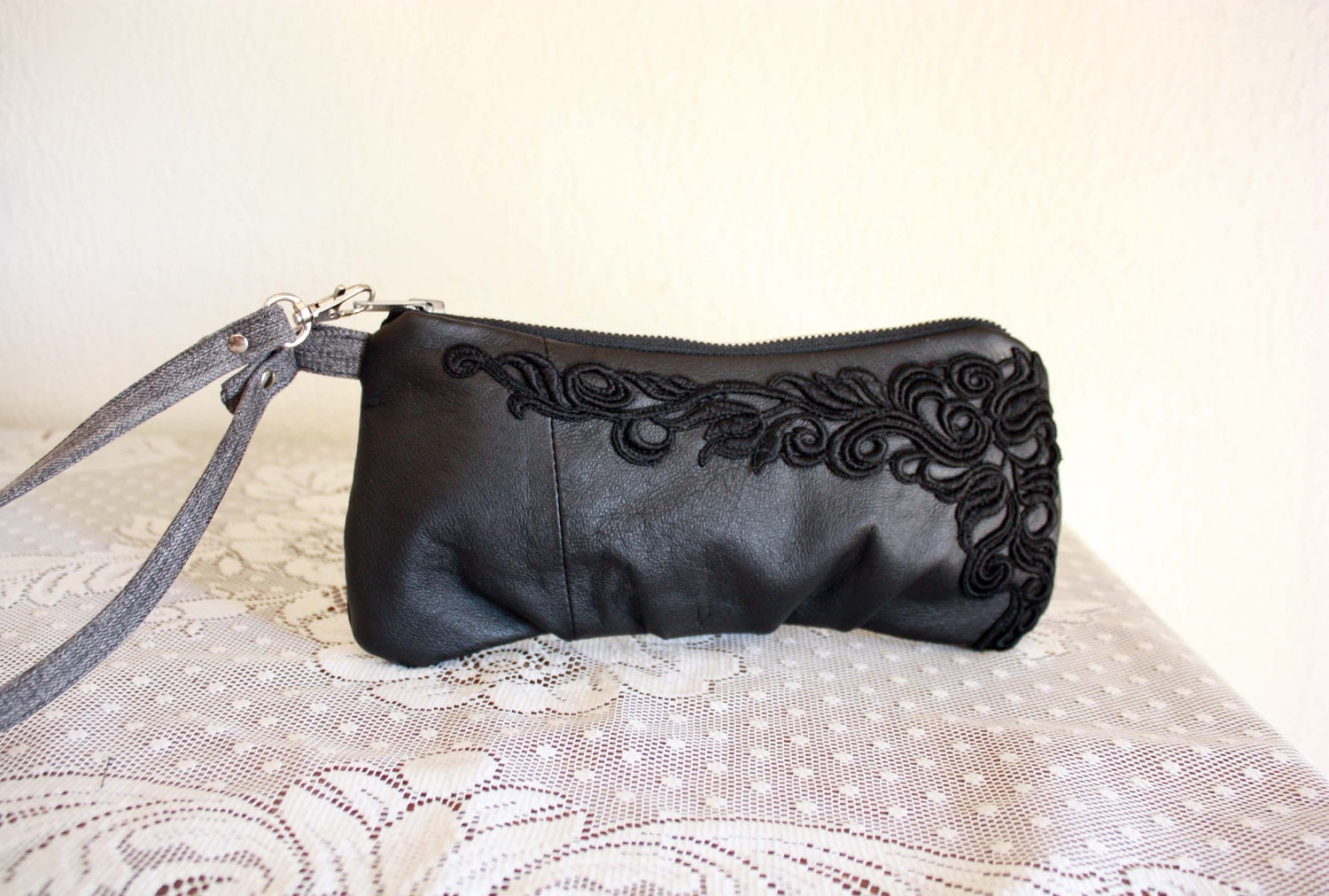 Elsa Bagette style wristlet/ pouch/ makeup bag in Upcycled Leather & Lace- Ready to Ship--Save 10% w/ Code SAVE10