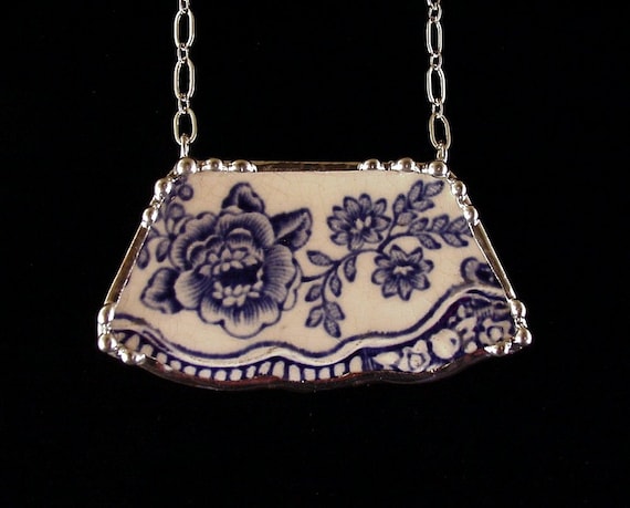 Blue Transferware Floral Toile Broken China Jewelry Necklace made from an antique broken plate