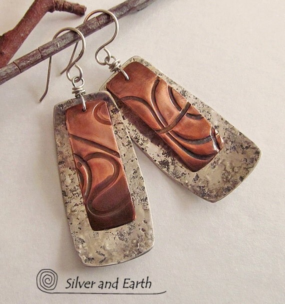 Mixed Metal Earrings w Organic Textured Sterling by SilverandEarth