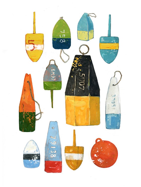Lobster Buoys Watercolor Painting- Colorful Nautical Print