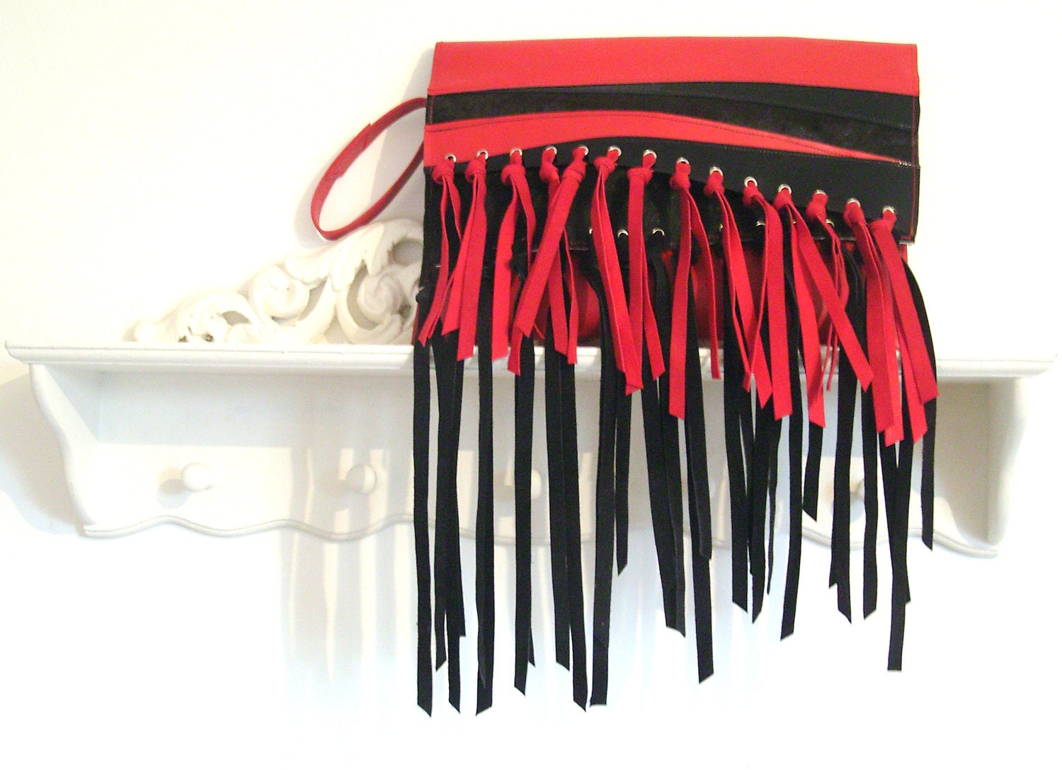 Red & Black leather Long fringed clutch bag with Suede tassles and wrist strap