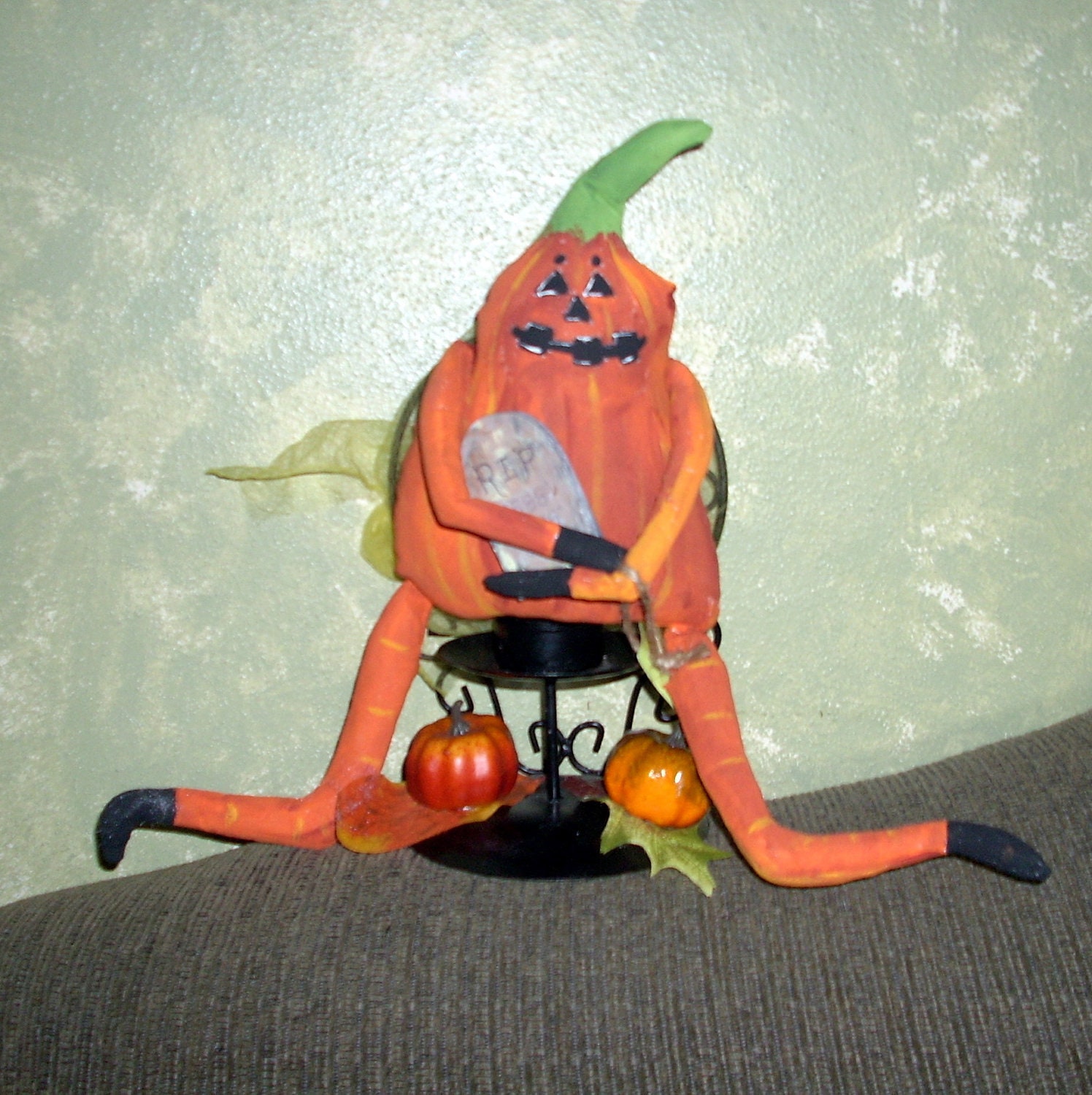 Pumpkin Guy Doll Handmade Halloween Decor Fantasy Spooky Fall Harvest OOAK Gourd Orange