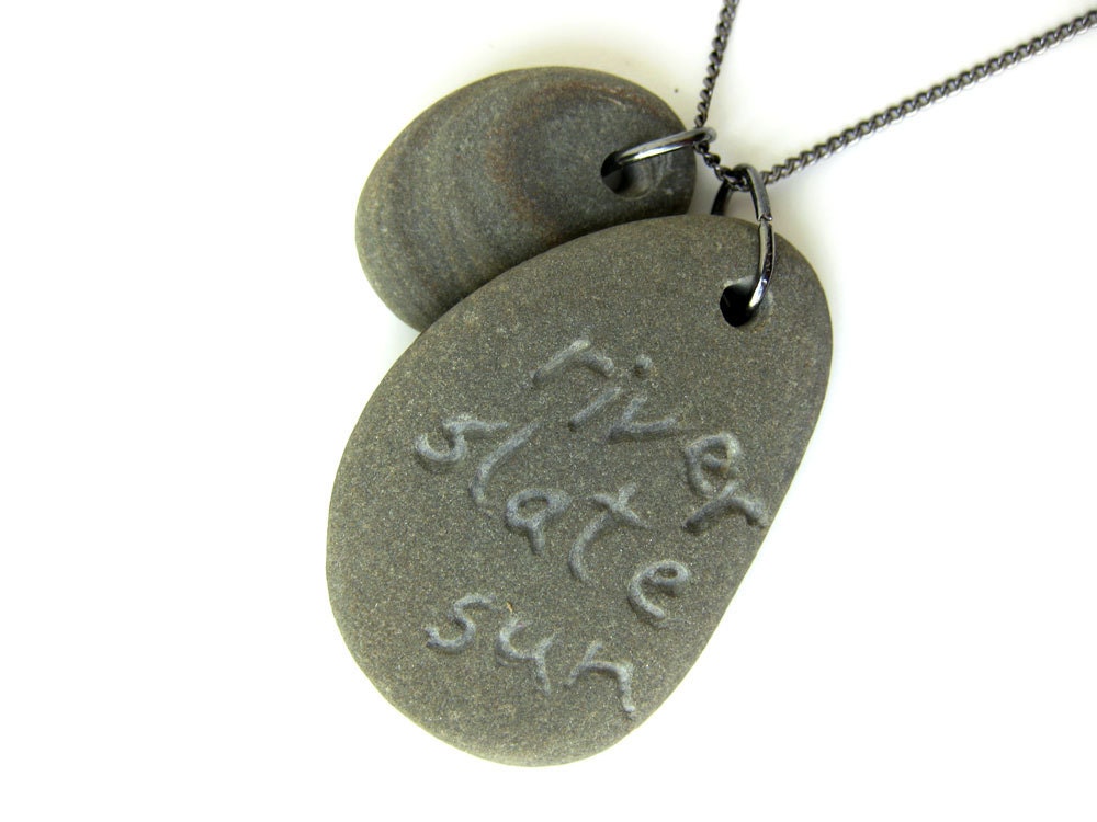 Natural Jewelry - River stone necklace hand engraved with an original poem. "river slate sun" Natural, round beach stone on gunmetal. 1142