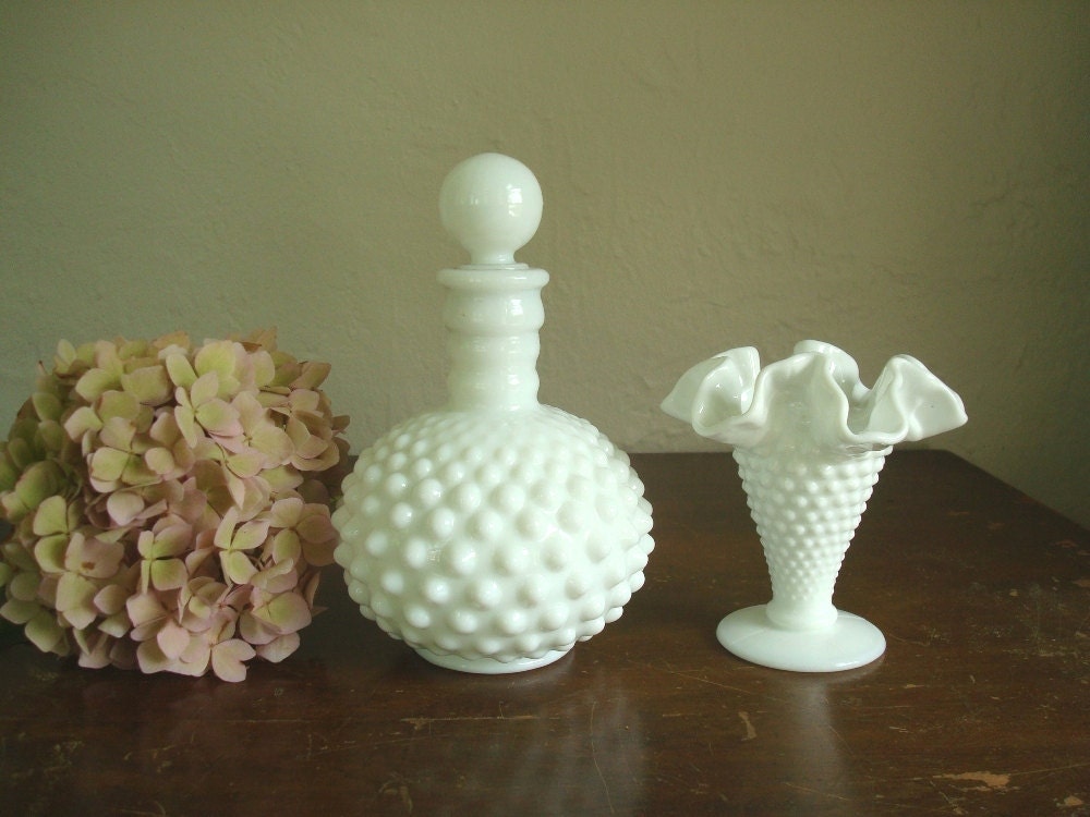 Fenton hobnail milk glass vase & Fenton perfume bottle for Wrisley