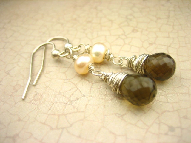 Winter SALE- Smoky Brown Quartz Gemstone Pearl Earrings Sterling Silver Wire Wrapped Dangle