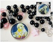 Reversible Chobits Necklace, Chii and Freya Pendant, Black and Pink Beading, Silver Plated - Anime
