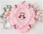 Angel Kitty Necklace, Pink Resin Cameo, Glass Pearl Chain in Silver - Sweet Lolita