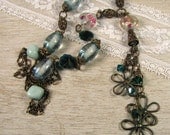 Aqua Beads and Brass Flowers Necklace  "Aquamarine Beauty"
