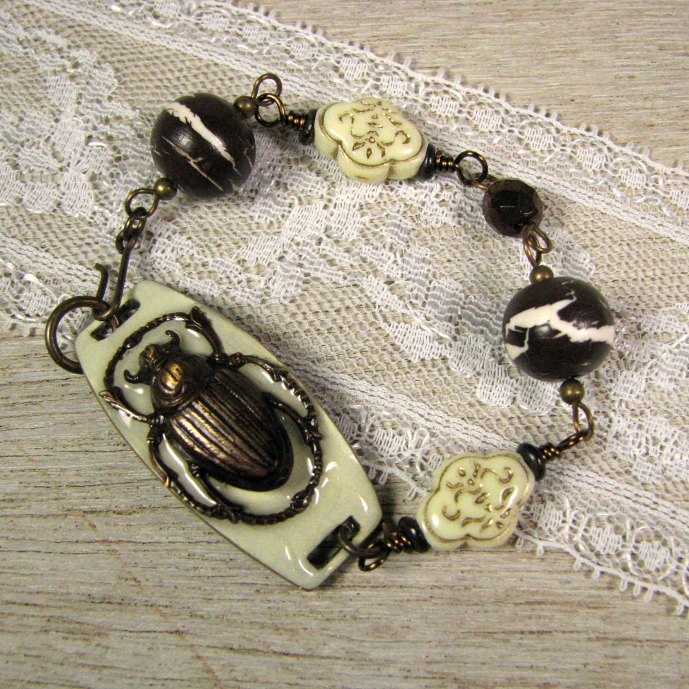 Ra....Cuff Bracelet with Scarab in Resin and Art Beads
