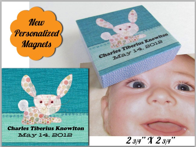 Personalized Name Baby Announcement Magnet - Bunny Rabbit Magnet Design - Made to Order