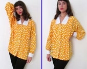 Vintage CANARY POLKA DOT Yoke Collar Oversized Blouse m/l/xl