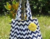 NEW, The Navy and Yellow chevron pleated purse with yellow rosette