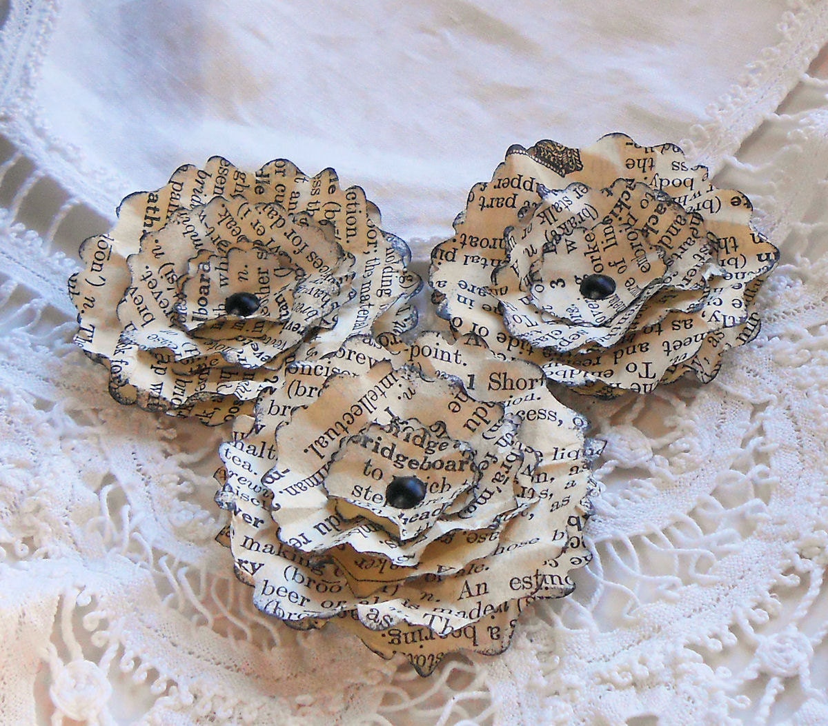 Handmade Paper Flowers Sweet and Shabby Peonies Vintage Dictionary Embellishments scrapbooking, decoration, rustic Brown, Black, words