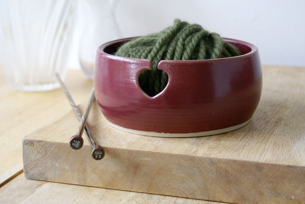SALE - The love heart yarn bowl hand thrown stoneware bowl - glazed in ruby red