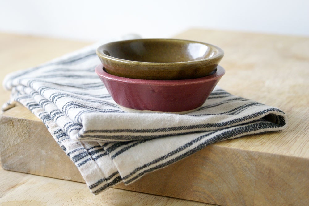 Pottery soy sauce dishes - a hand thrown set of two in red and brown
