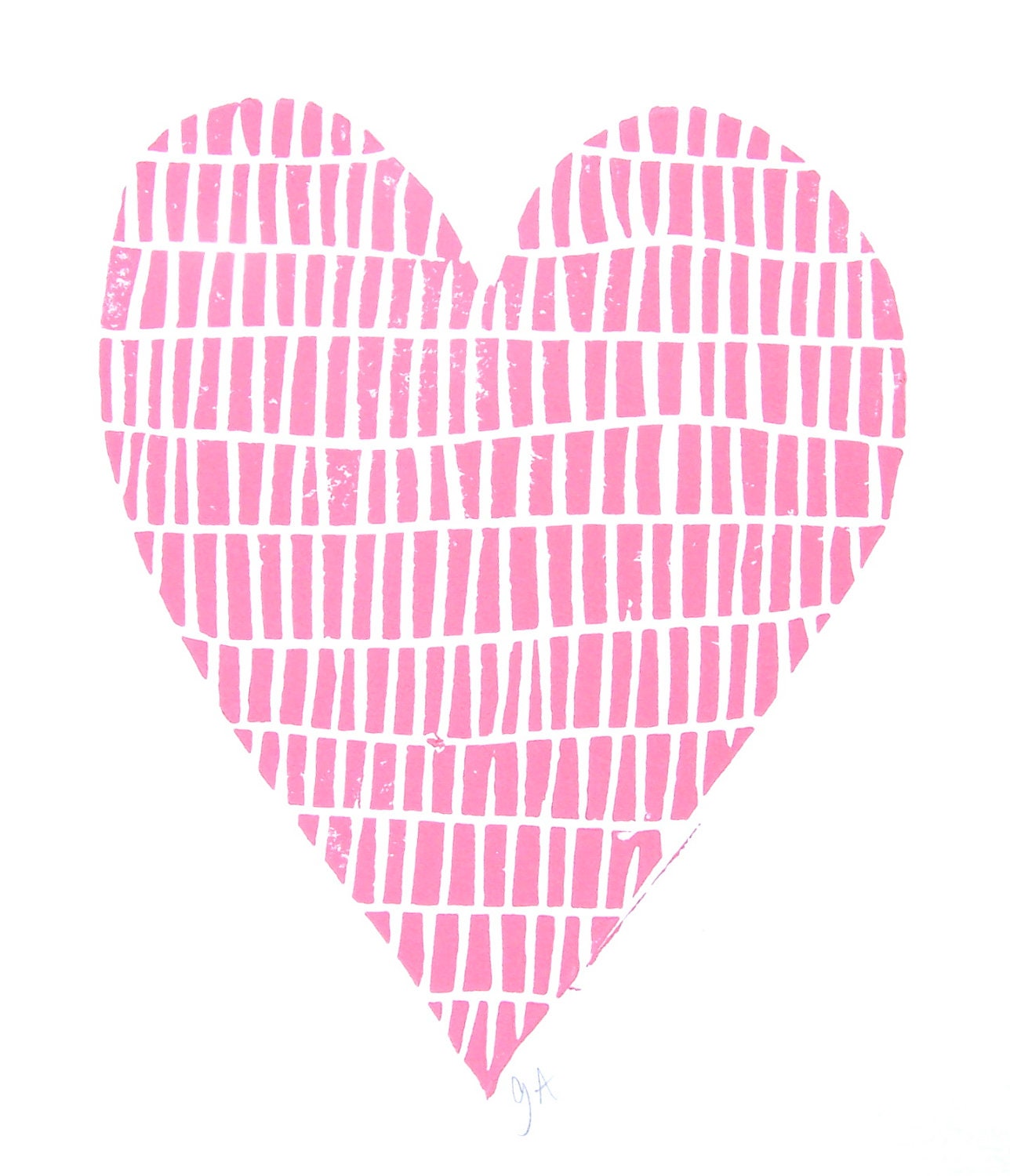 LINOCUT PRINT - pink valentine heart 8x10