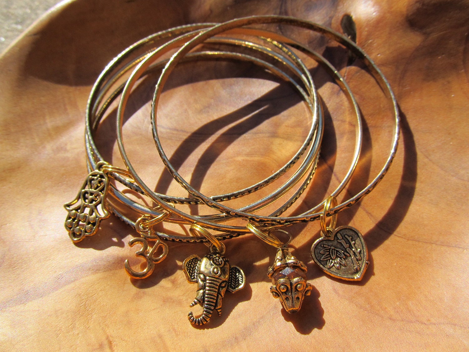 Antique Brass - Gold Tone Buddha Bangle Bracelet Set with  Om, Hamsa, Ganesha, Heart and Topaz Beaded Dangle, Zen, Yoga Jewelry, Buddhism,