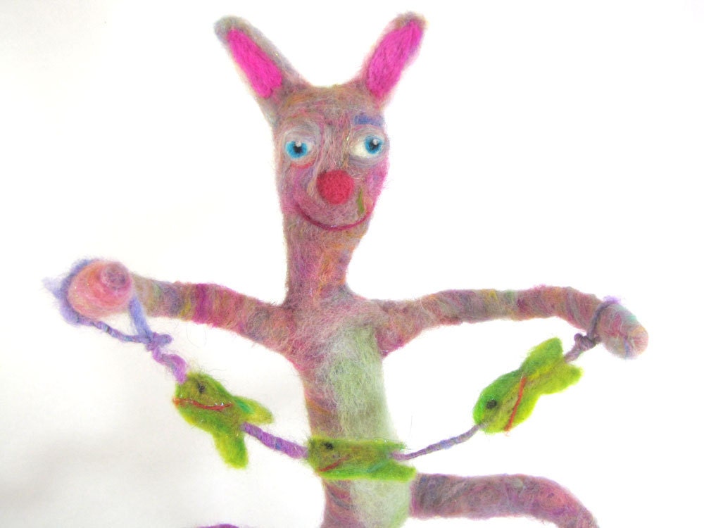 Cat with String of Fish Wishes Felted Soft Sculpture