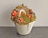 Hobbit House, Gnome Home in a Cup, Needle Felted House and Mushrooms