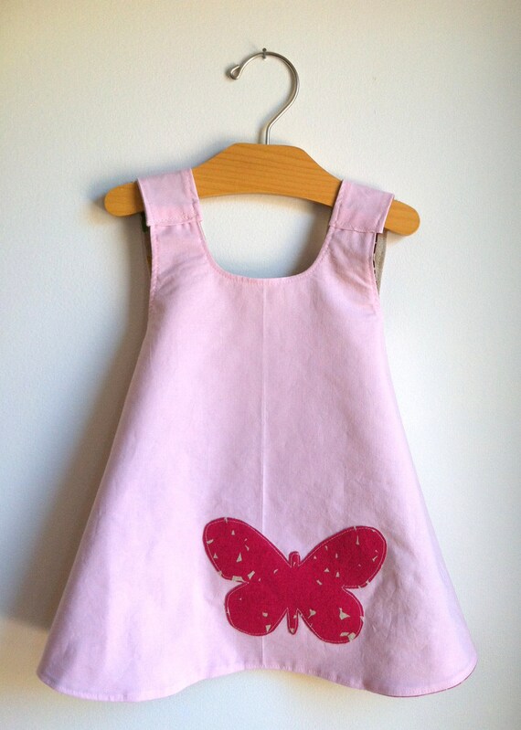 Wish Border Pink Birds Reversible Modern Pinafore Dress by Noah and Lilah - handmade pinnie - butterfly applique