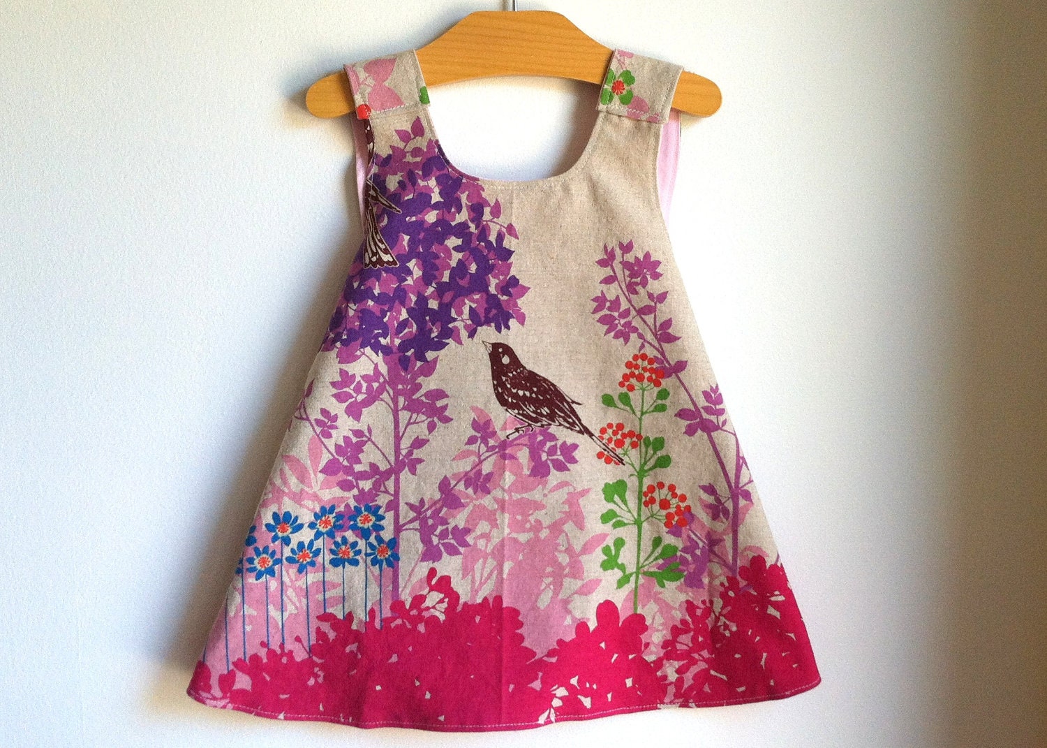 Wish Border Pink Birds Reversible Modern Pinafore Dress by Noah and Lilah - handmade pinnie - butterfly applique