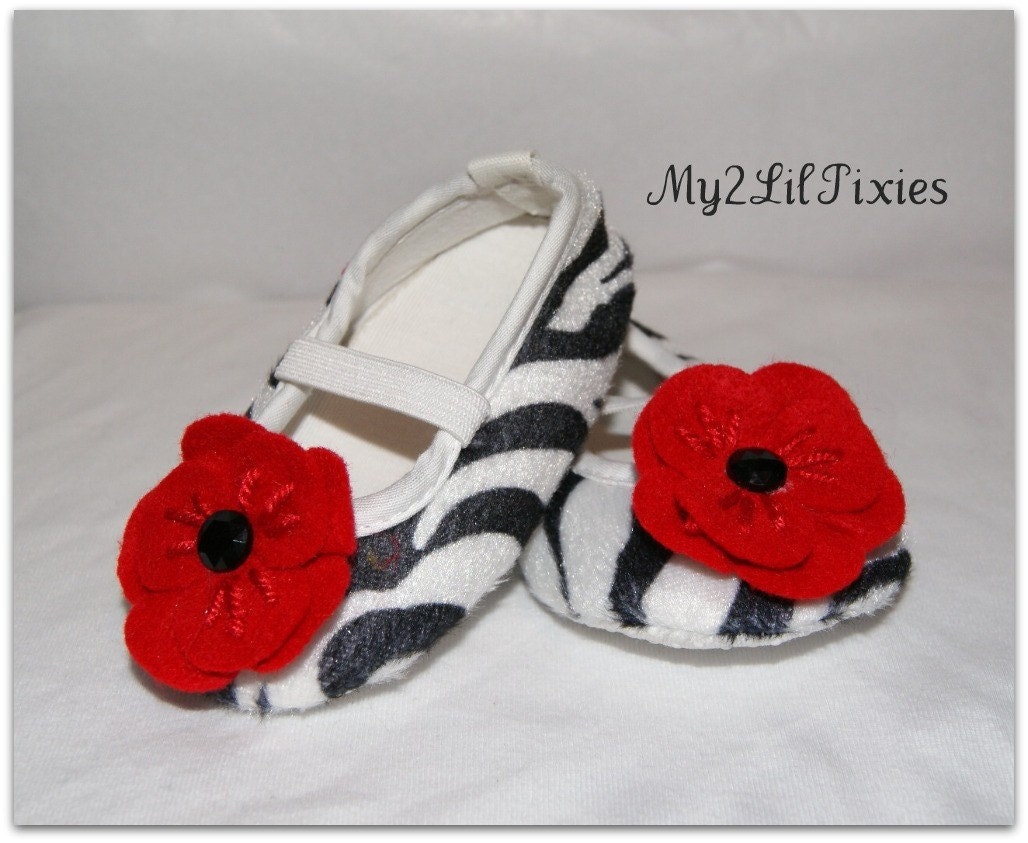 Infant Baby Zebra Print Baby Shoes size 3-6 or 6-9 months-crib Shoe with Red Flowers and Black Rhinestone Centers- Photo Prop