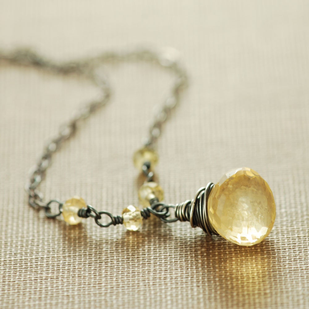 Golden Citrine Necklace Sterling Silver, Oxidized Yellow Gemstone, Wire Wrap, Autumn Fashion, aubepine - aubepine