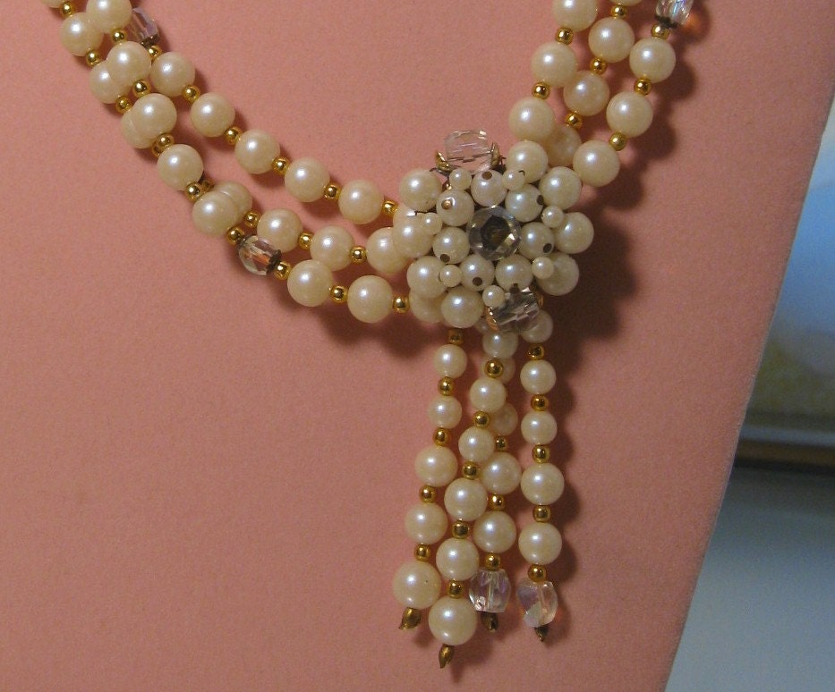 Vintage Front Clasp Pearl Fringe Necklace Crystal & Faux Pearls