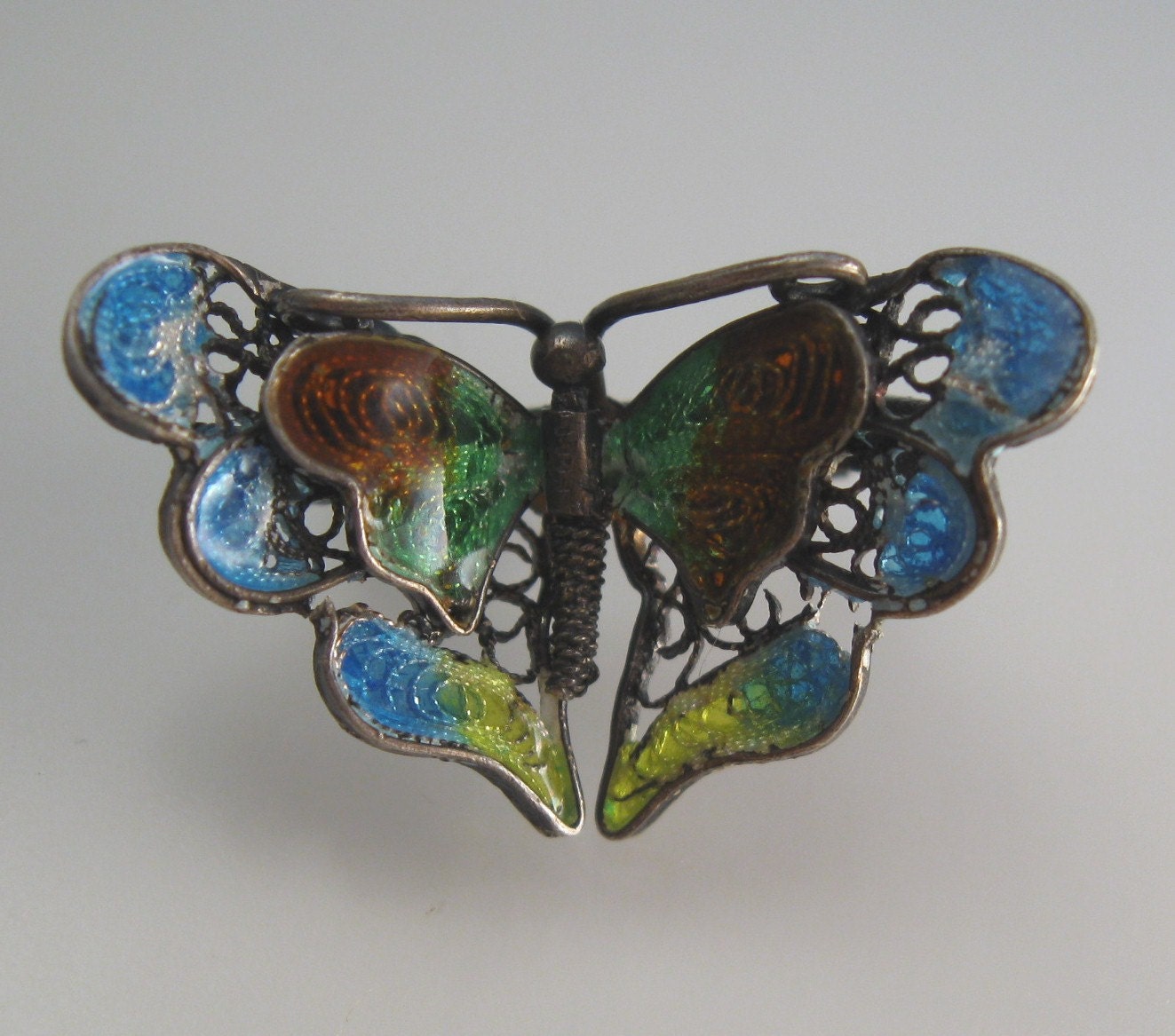 Chinese Export Brooch Enamel Sterling Butterfly - Vintage