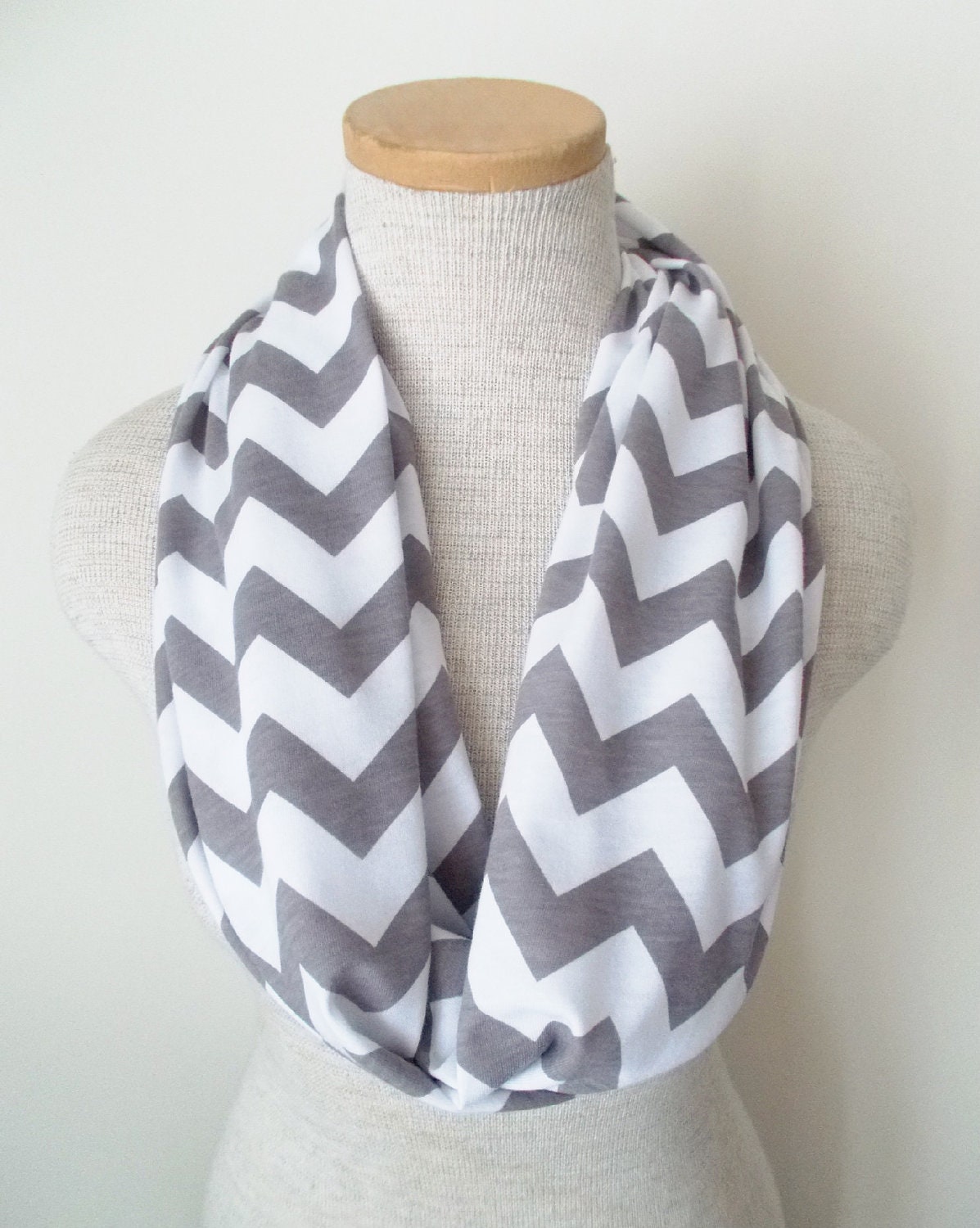 Chevron Infinity Scarf - Jersey Knit - Grey and White