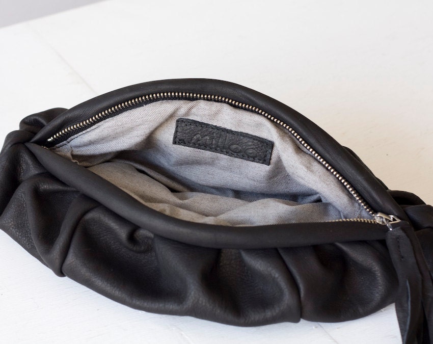 Black leather clutch, handbag with pleats  - Phaedra clutch