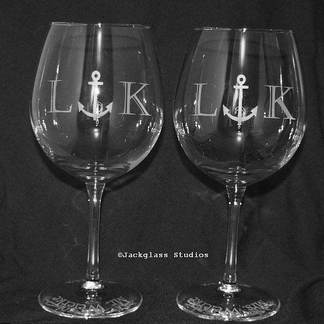 Etched Anchor Nautical Personalized Wine Glasses