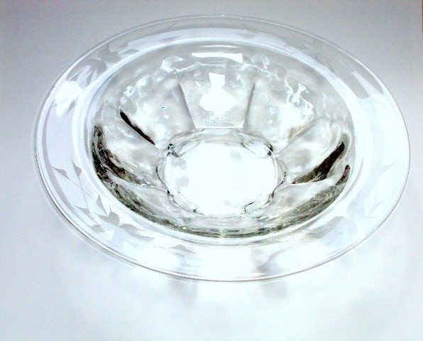 Vintage Glass Bowl, cr. 1950, Large Molded, Etched Rim, concave panels, estate collection