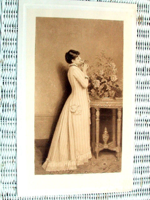 Vintage Photogravure Art Print, cr.1880s, Goupil & Co. Sepia tint, Woman With Table and Flowers, Victorian Dress, Paper