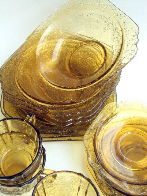 Vintage Amber Depression Glass Set, Madrid Pattern Amber,cr. 1930, Federal Glass Luncheon Set