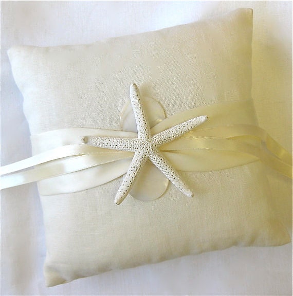 Beach Wedding Ring Bearer Ivory Linen Pillow with Starfish and Mother of Pearl Discs