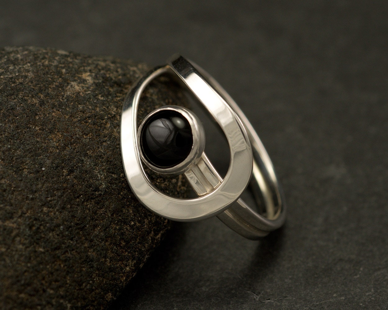 Black Onyx Ring- Black Stone Ring- Sterling Silver Ring- Silver Stone Ring- handmade modern silver jewelry- size 6, 7, 8
