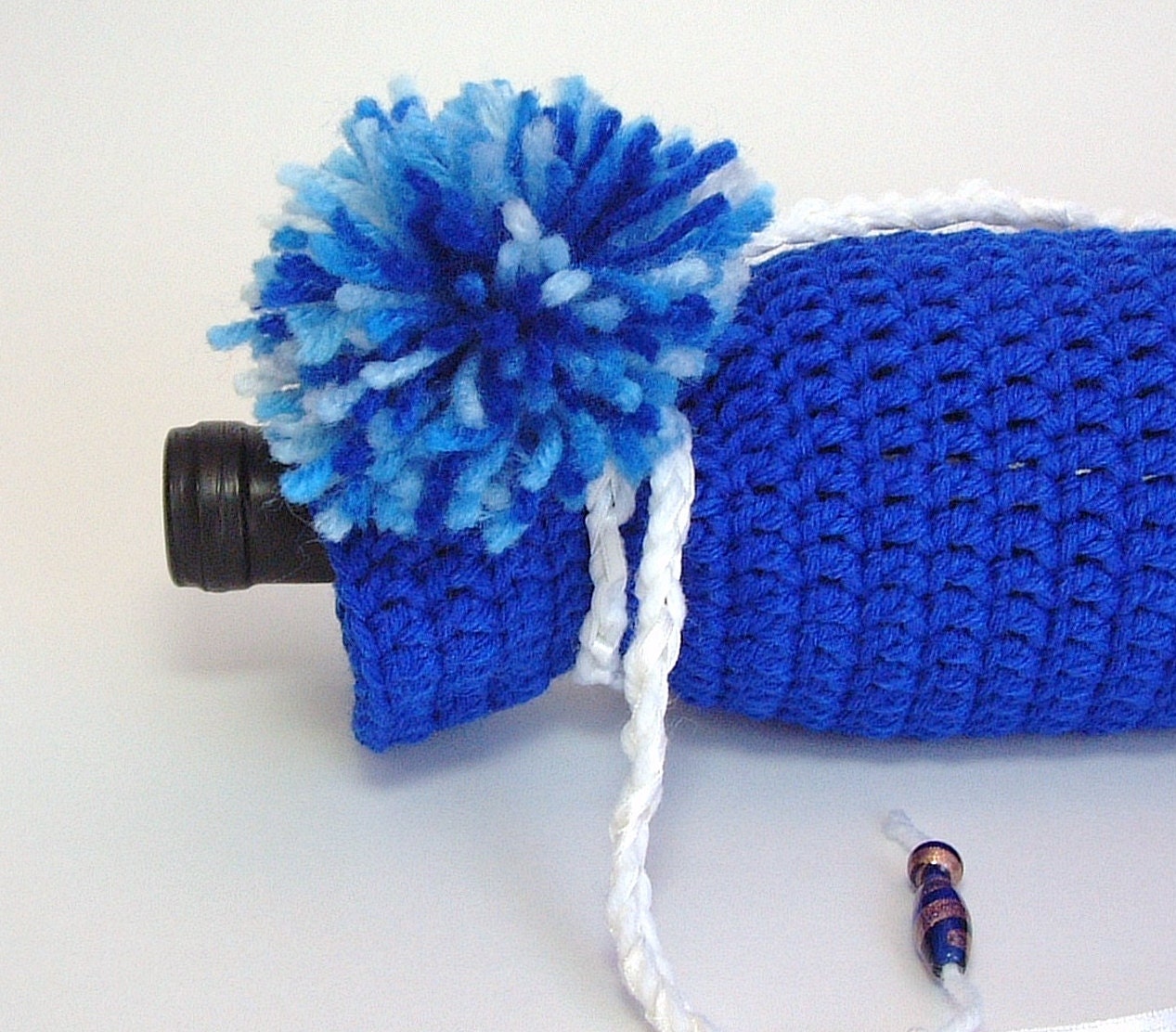 Gift Bag Bottle Sleeve Wine Cozy Cobalt Blue Large Pom Pom Sapphire Glass Beads Hostess Gift Carrier Crochet by Lilena