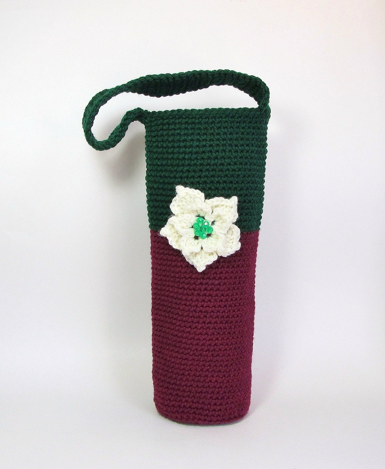 Wine Tote Bottle Gift Bag Champagne Carrier Hostess Gift Burgundy Forest Green White Flower Glittery Faceted Beads Crocheted by Lilena