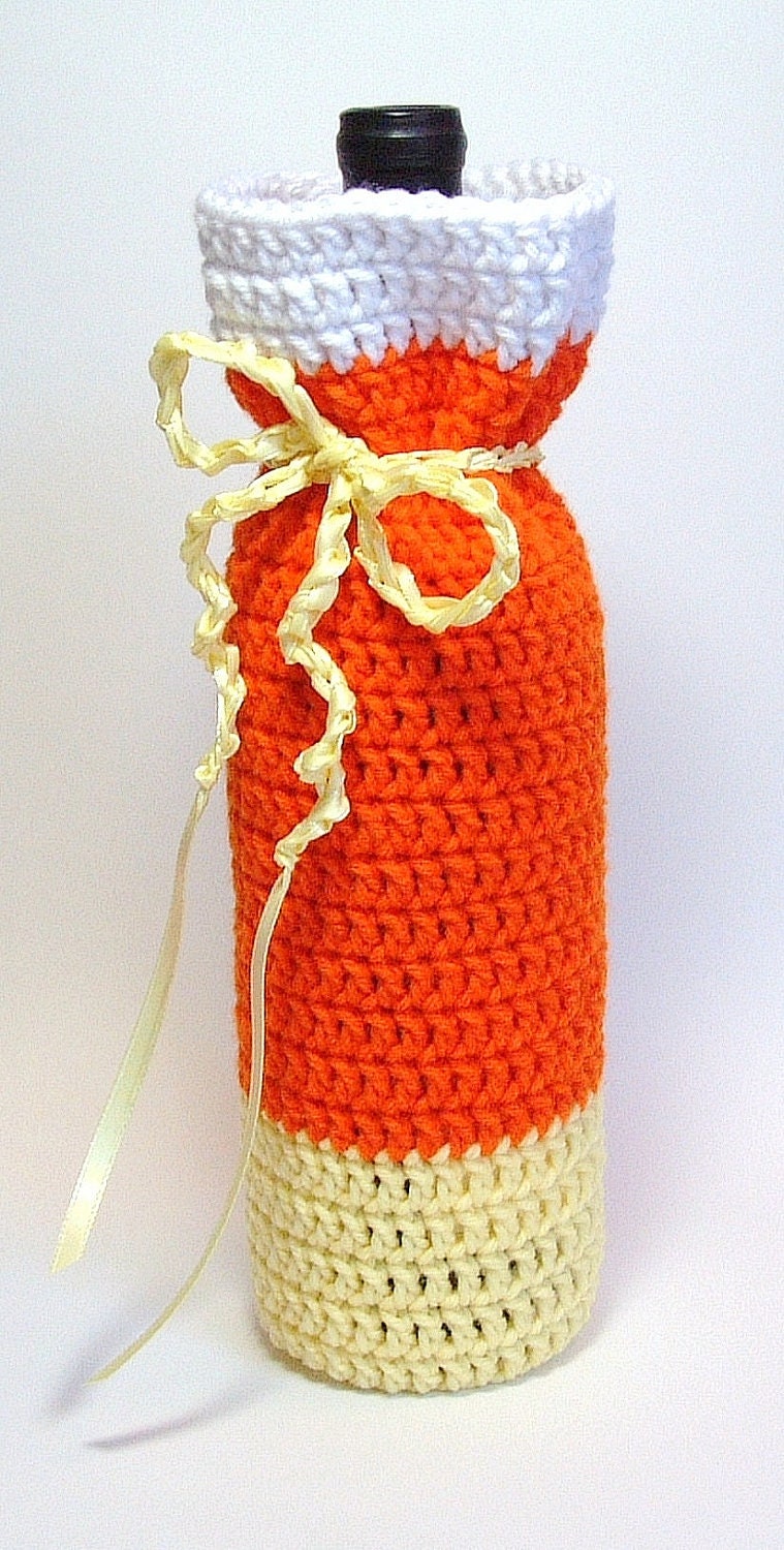 Wine Bag Bottle Cozy Gift Sack Candy Corn Yellow Orange White Champagne Sleeve Autumn Barware Halloween Ready to Ship Hand Crochet by Lilena