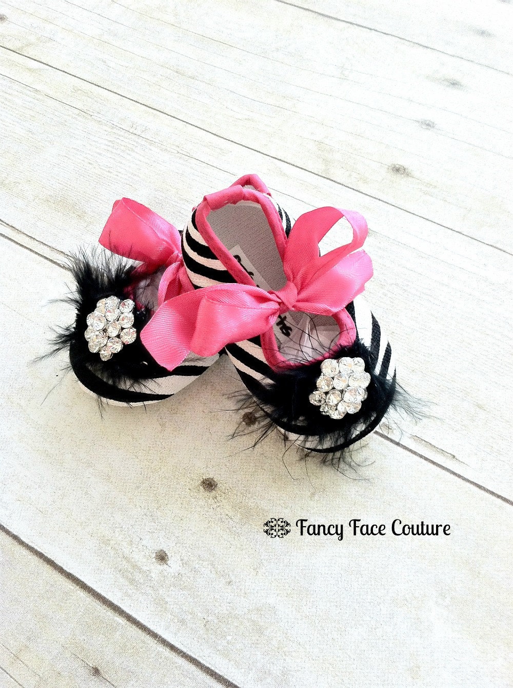 Zebra Baby Girl Shoes Little Girls Crib Shoes Ballet Slippers Soft Sole Vintage Crystal Hot Pink Newborn-Infant Children- Baby Shower Gift