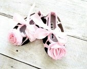 Baby Girl Shoes Chocolate Brown and Pink Giraffe Soft pink Rosettes Little Girls crib shoes Ballet slippers Newborn-Infant- Baby Shower Gift