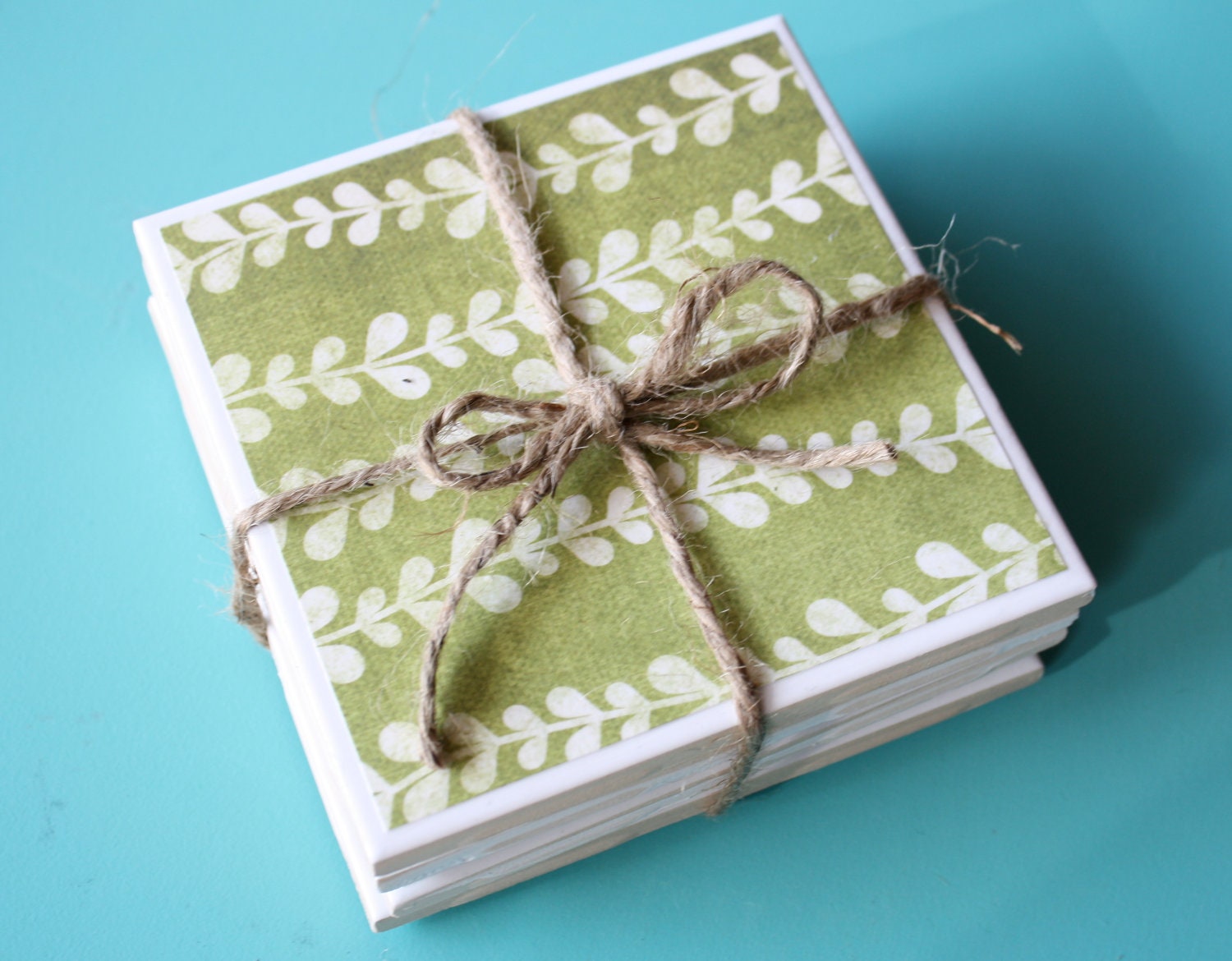 Botanical Green Leaf Fern Print Tile Coaster Set