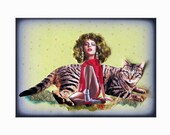 cat, cat art, sexy woman, yellow, animal art, home decor, pet collage, funky, shabby chic, tagt team