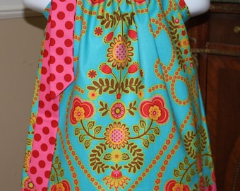 Pillowcase dress READY TO SHIP size 12 mos Ooh la la turquoise blue red hot pink  Michael Miller