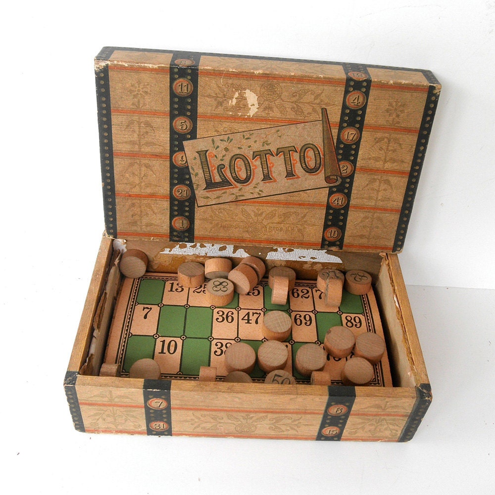 Antique Trunk Lotto Game, McLoughlin Bros., 1880s, lotto cards and wood pieces