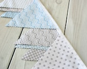 Bunting Fabric Banner Fabric Flags  - Blue and Gray Chevron Dots Gingham - Ready to Ship